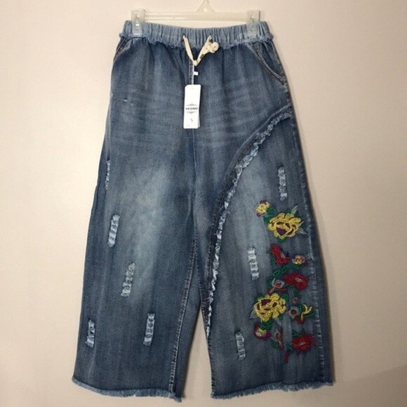 Yesno wide leg cropped loose boho floral embroidered denim jeans size 27 - Picture 1 of 10